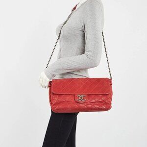 Chanel Red Iridescent Calfskin Leather Chain Large Crossbody Bag